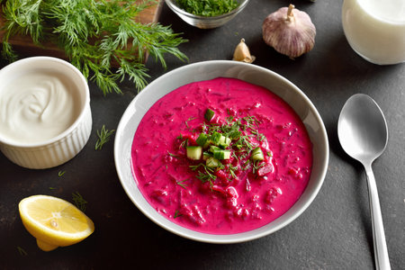 Beet cream soup with yogurt, cucumbers and dill in bowl on dark background. Cold summer soup. Close up viewの写真素材