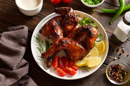 Roasted half chicken on white plate over wooden background. Tasty grilled chicken meat for dinner. Close up viewの写真素材