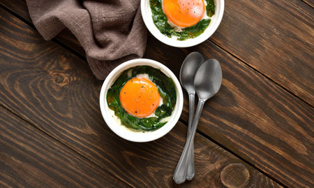 Eggs en cocotte (baked eggs) in ramekins with cream, cheese and spinach on wooden background. Top view, flat layの写真素材