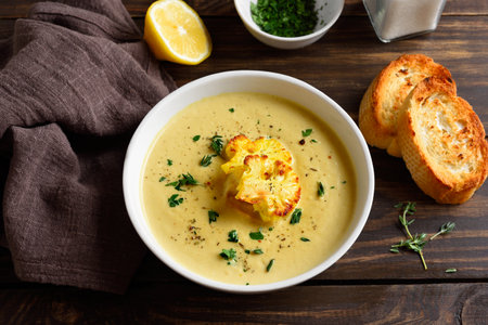 Diet cauliflower cheese soup in bowl on wooden table. Vegetarian or healthy diet food concept. Close up viewの写真素材