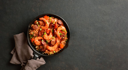 Creole style jambalaya with prawn, smoked sausages and vegetables in cast iron pan on dark background with free space. Top view, flat layの写真素材