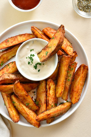 Oven baked potato wedges served with dipping sauce over light stone background. Top view, flat layの写真素材