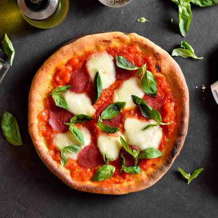Pizza with mozzarella, pepperoni, tomato sauce and basil. Homemade pizza with tomatoes, cheese, sausage on dark background. Top view, flat lay.の写真素材