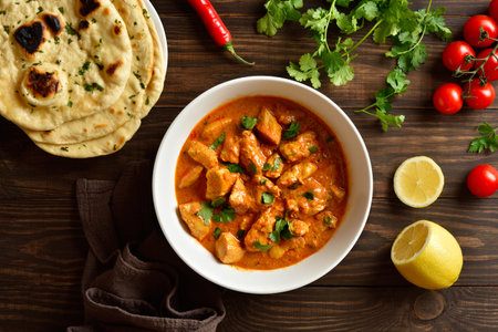 Traditional Indian dish chicken tikka masala. Butter chicken meat in white bowl on wooden background. Top view, flat lay.の写真素材