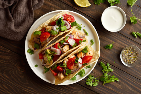 Tacos with vegetables and meat on white plate over wooden background. Top view, flat layの写真素材