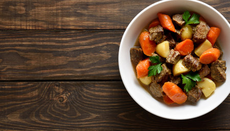 Close up view of beef meat stewed with potatoes, carrots and spices in bowl over wooden background with free space. Comfort healthy food for dinner. Top view, flat layの写真素材