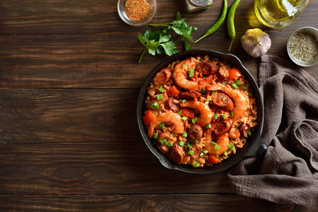 Creole style jambalaya with prawn, smoked sausages, chicken and vegetables in black cast iron pan on wooden background with free space. Top view, flat layの写真素材
