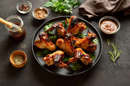 Grilled chicken wings on plate on dark stone background. Tasty grilled chicken meat for dinner. Close up viewの写真素材