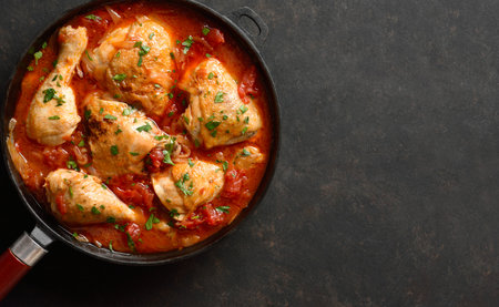 Close up view of Georgian chicken stew with tomatoes and herbs (chakhokhbili) in cast iron skillet over dark stone background with copy space. Baked chicken with tomato gravy. Top view, flat layの写真素材