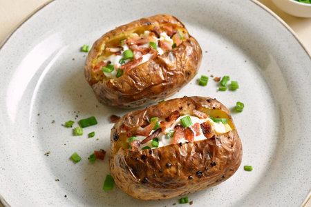 Stuffed jacket potatoes with bacon, sour cream and green onion. Close up viewの写真素材