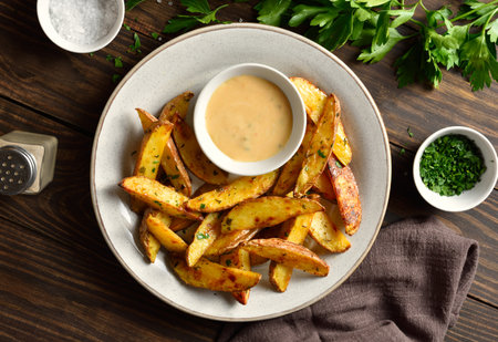 Baked potato wedges served with dip sauce over wooden background. Top view, flat layの写真素材