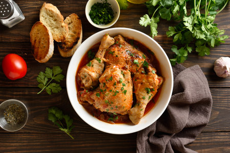 Georgian chicken stew with tomatoes and herbs (chakhokhbili) in bowl over wooden background. Baked chicken meat with tomato vegetable gravy. Healthy eating. Top view, flat layの写真素材