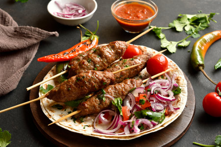 Grilled lula kebab with fresh vegetables on flat bread on wooden platter on dark background. Close up viewの写真素材
