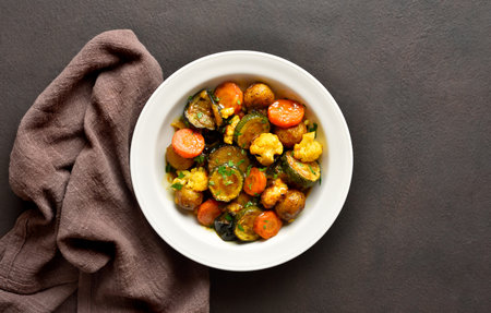 Stewed vegetables on white plate on brown background. Top view, flat layの写真素材