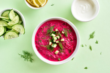 Diet cold summer beetroot soup in bowl on green background. Healthy detox or vegetarian food concept. Top view, flat layの写真素材