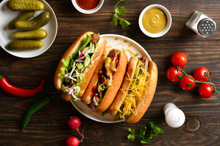 Hot dogs loaded with assorted toppings on wooden background. Top view, flat layの写真素材