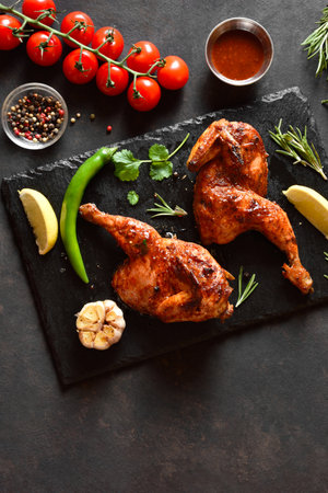 Grilled half chicken on black slate plate over dark stone background with free space. Roasted chicken meat for dinner. Top view, flat layの写真素材