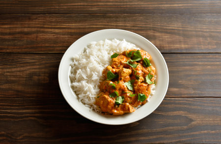 Butter chicken with basmati rice on white plate on wooden background. Traditional Indian dish chicken tikka masala. Close up viewの写真素材