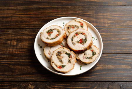 Sliced pork stuffed with mushrooms, red bell pepper, spinach on white plate on brown wooden...