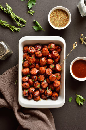 Sweet and spicy sausage bites in white baking dish served with dipping sauce on brown background. Top view, flat layの写真素材