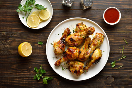 Barbecue roasted chicken drumsticks served with sauce. Brown wooden background, top view, flat layの写真素材