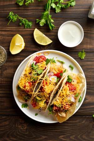 Tacos with vegetables and chicken meat on white plate over wooden background. Top view, flat layの写真素材
