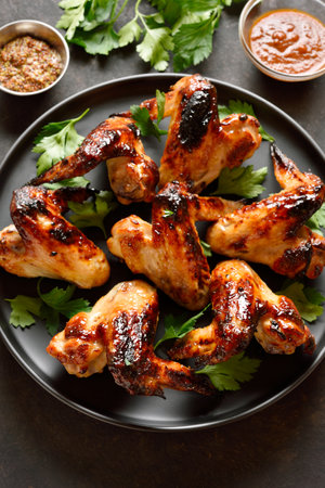 Bbq chicken wings on black plate on dark stone background. Tasty grilled chicken meat for dinner. Close up viewの写真素材