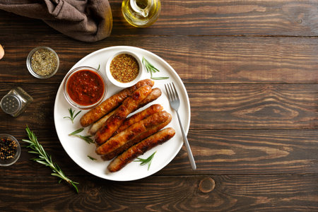 Plate with delicious grilled thin sausages on brown wooden background with free text space. Top view, flat layの写真素材