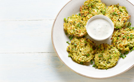 Close up view of zucchini fritters served with sauce. Light wooden background with free space.の写真素材
