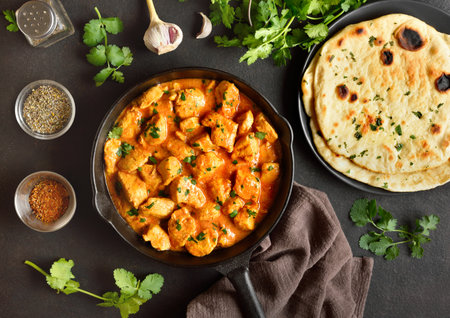 Delicious chicken tikka masala curry in cast iron skillet on brown stone background. Top view, flat layの写真素材