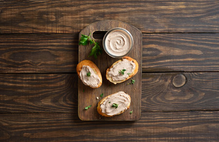 Toasted bread with chicken liver pate on board over brown wooden background with free space. Top view, flat layの写真素材