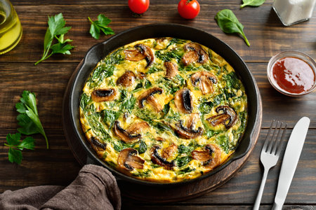 Homemade frittata with spinach and champignon mushrooms in cast iron skillet on brown wooden table. Close up viewの写真素材