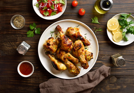 Barbecue roasted chicken drumsticks served with sauce with vegetable salad. Brown wooden background, top view, flat layの写真素材