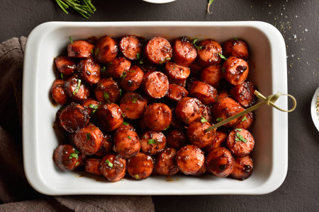 Sweet and spicy sausage bites in white baking dish on brown stone background. Top view, flat layの写真素材
