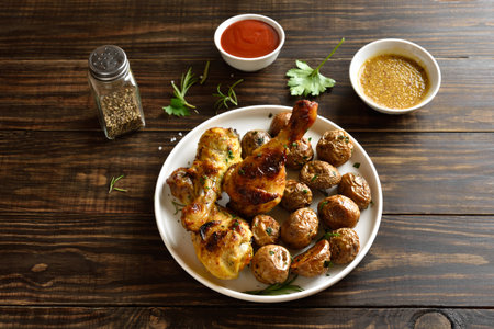 Grilled chicken drumsticks with roasted potatoes on white plate on brown wooden tableの写真素材