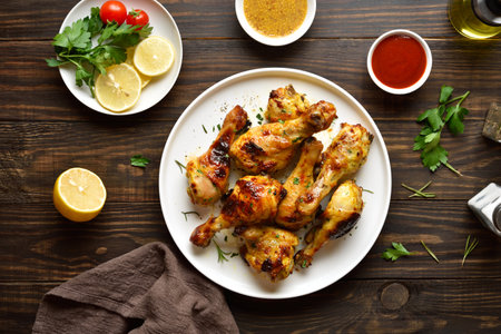 Grilled chicken drumsticks served with sauce. Brown wooden background, top view, flat layの写真素材