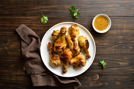 Barbecue roasted chicken drumsticks served with sauce. Brown wooden background, top view, flat layの写真素材