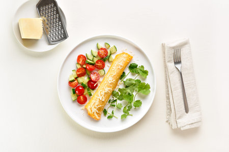 Delicious French omelette with cheese served with fresh vegetables. Healthy diet food concept. Light...
