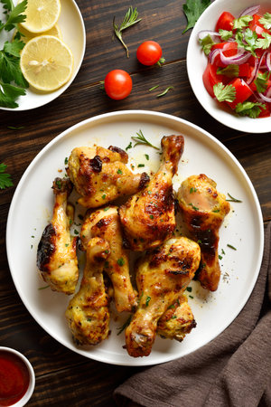 Roasted chicken drumsticks. Brown wooden background, top view, flat layの写真素材