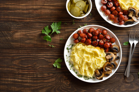 Potato puree with roasted sweet and spicy sausage bites and mushrooms on white plate on brown wooden background with free space. Top view, flat layの写真素材