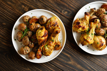 Grilled chicken drumsticks with roasted potatoes on white plate brown wooden background. Top view, flat layの写真素材
