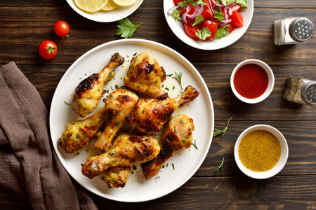 Barbecue roasted chicken drumsticks served with sauce and vegetable salad. Brown wooden background, top view, flat layの写真素材