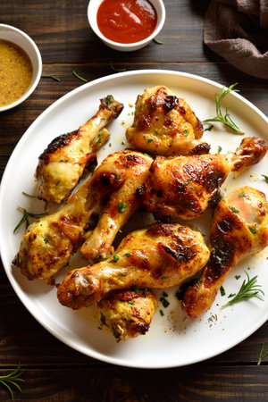 Close up view of barbecued chicken drumsticks on white plate on wooden table.の写真素材