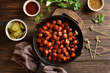 Barbecueed smoked sausage bites in cast iron skillet on brown wooden background. Top view, flat layの写真素材
