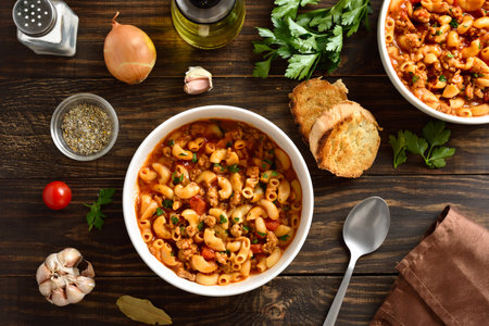 American goulash, dish with ground beef and elbow macaroni in tomato sauce in bowl on wooden background. Top view, flat layの写真素材