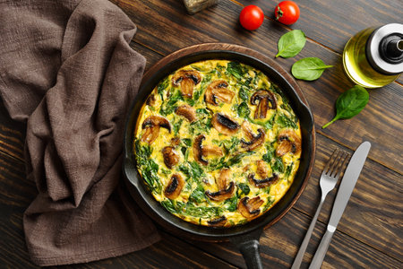 Frittata with spinach and champignon mushrooms in cast iron skillet on brown wooden background. Top view, flat layの写真素材