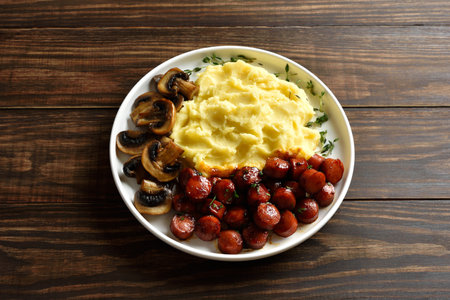 Roasted sweet and spicy sausage bites, mushrooms and potato puree on white plate on brown wooden background. Close up viewの写真素材