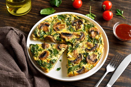 Sliced frittata with spinach and champignon mushrooms on white plate on brown wooden table. Close up viewの写真素材