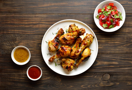 Oven baked chicken stick drums served with sauce and vegetable salad on brown wooden background. Top view, flat layの写真素材