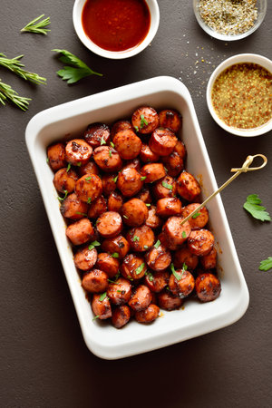 Sweet and spicy sausage bites in white baking dish on brown stone background. Top view, flat layの写真素材